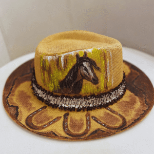 Hand-painted horse Panama hat by Moroccan artist Mounia El Yaakoubi – equestrian boho straw hat