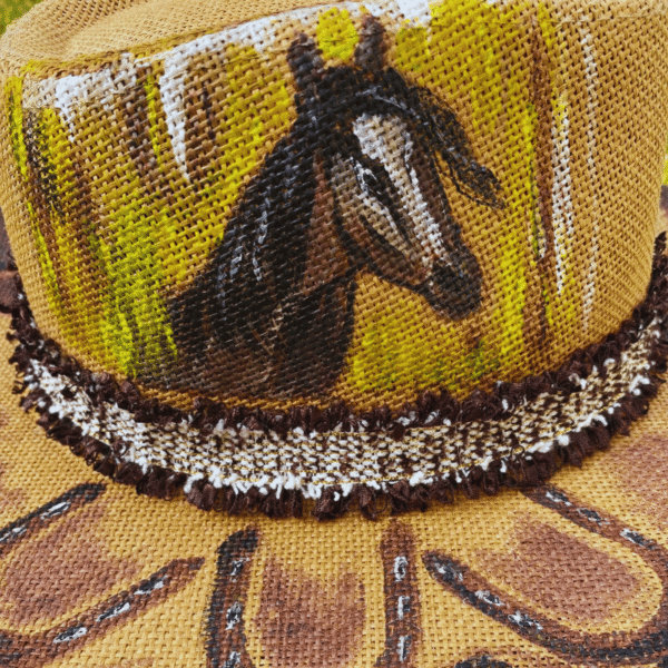 Lifestyle photo of hand-painted equestrian Panama hat – boho chic fashion