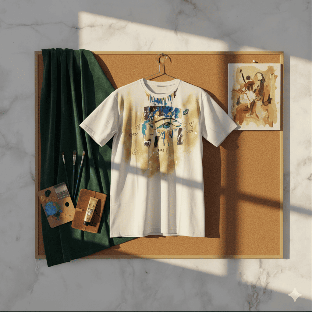 Detail of Eye Symbol – New Feelings 2026 Artistic eye motif with dripping paint on hand-painted t-shirt