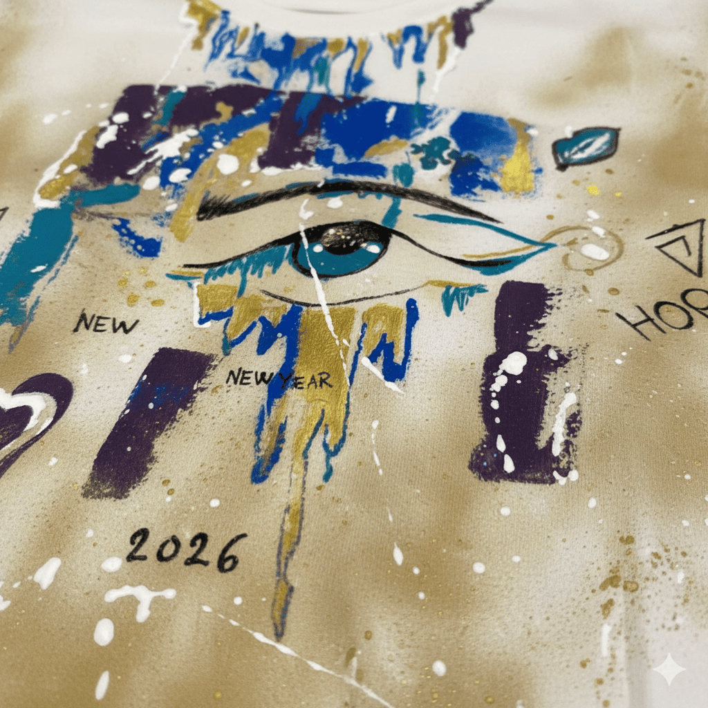 Artist Behind the Vision – Mounia Elyakoubi Mounia Elyakoubi presenting her hand-painted t-shirt in art studio