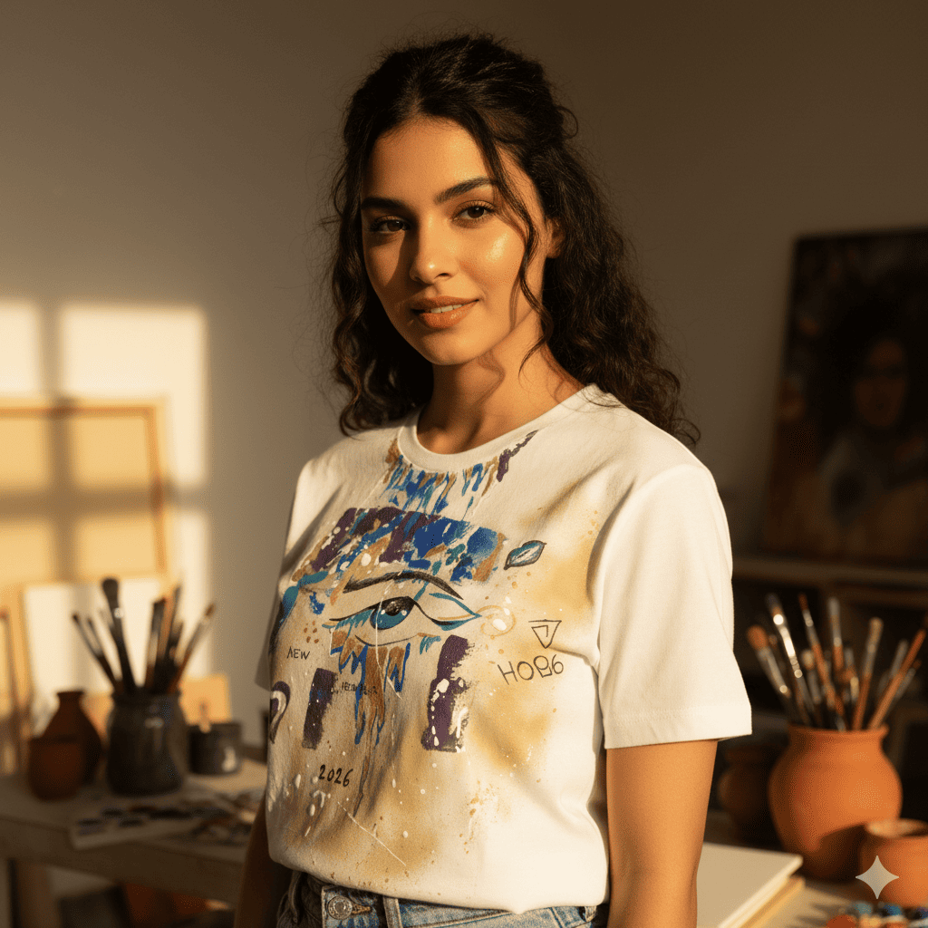 Wearable Art in Motion – Styled Look Hand-painted t-shirt styled with jeans in artistic setting