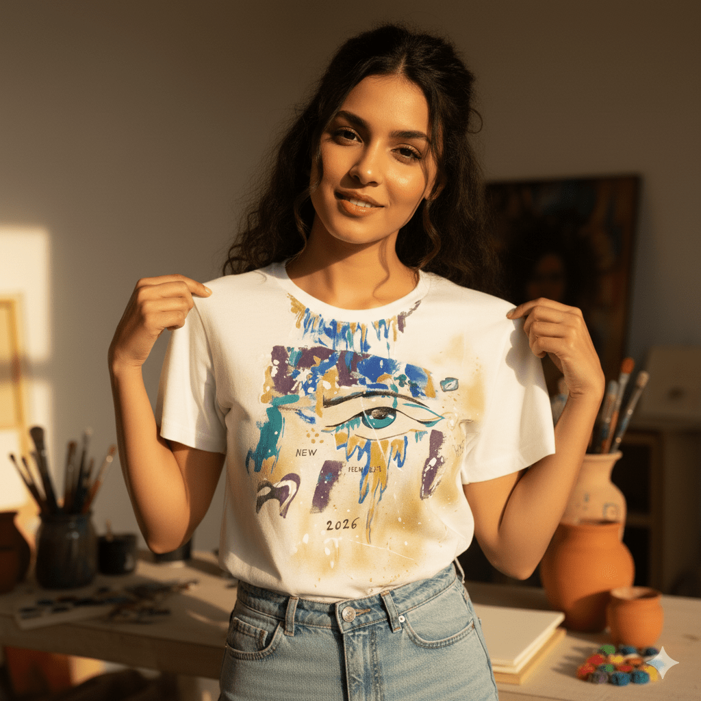 New Feelings 2026 – Front View Hand-painted abstract t-shirt with eye design by Mounia Elyakoubi