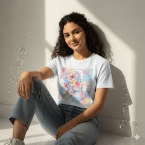 Feminine art shirt featuring flowers and abstract fashion elements